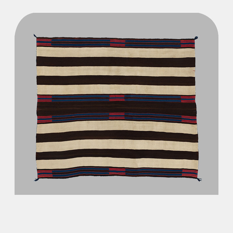 A squared blanket with brown, beige, and red lines.